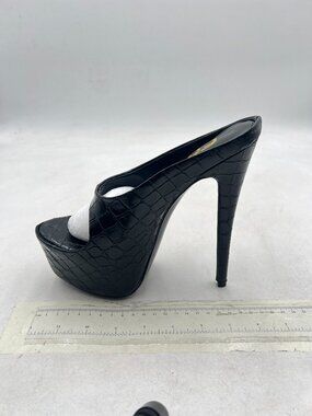 FSJ Black Crocodile Platform High Heel Pointed Open Toe Mules Slip On Sandals